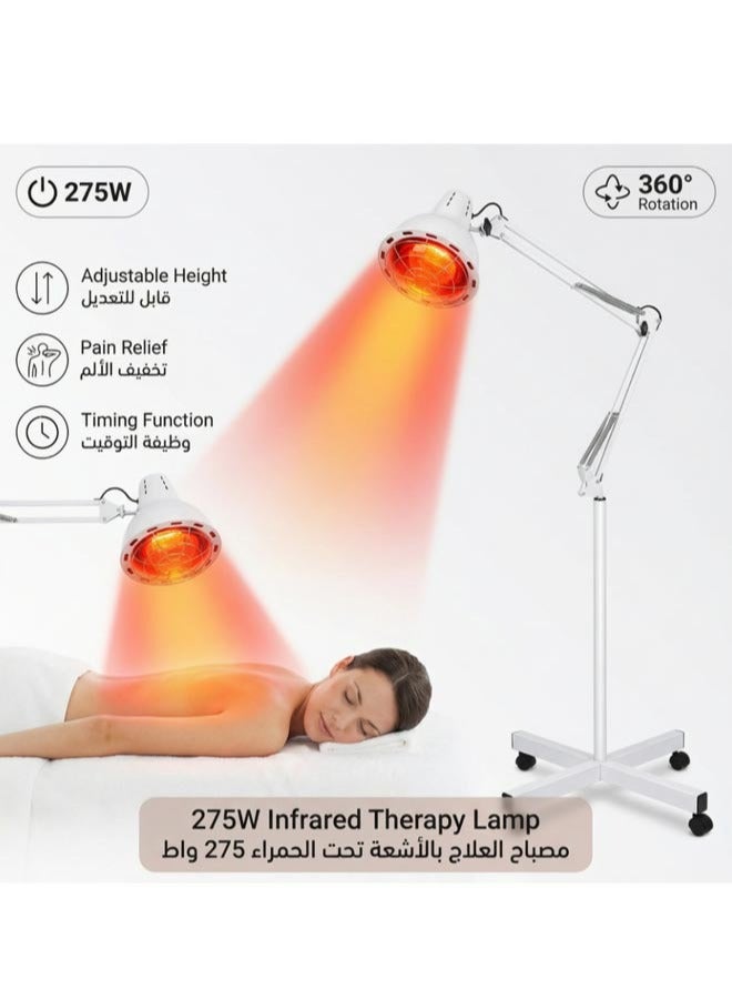 مصباح العلاج بالتدفئة بالأشعة تحت الحمراء (275 واط)، حامل أرضي، دوران 360 درجة، وظيفة التوقيت، قابل للتعديل، لتخفيف الألم، مناسب للعناية بالعضلات والبشرة - Image 1